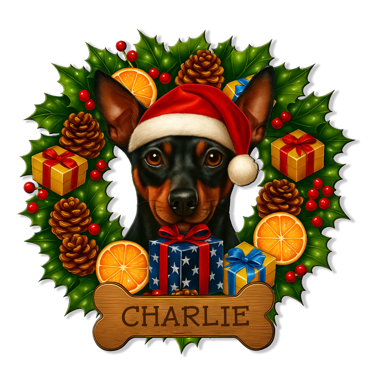 Custom Miniature Pinscher metal sign featuring a Santa hat, holiday wreath, gifts, and a bone-shaped accent