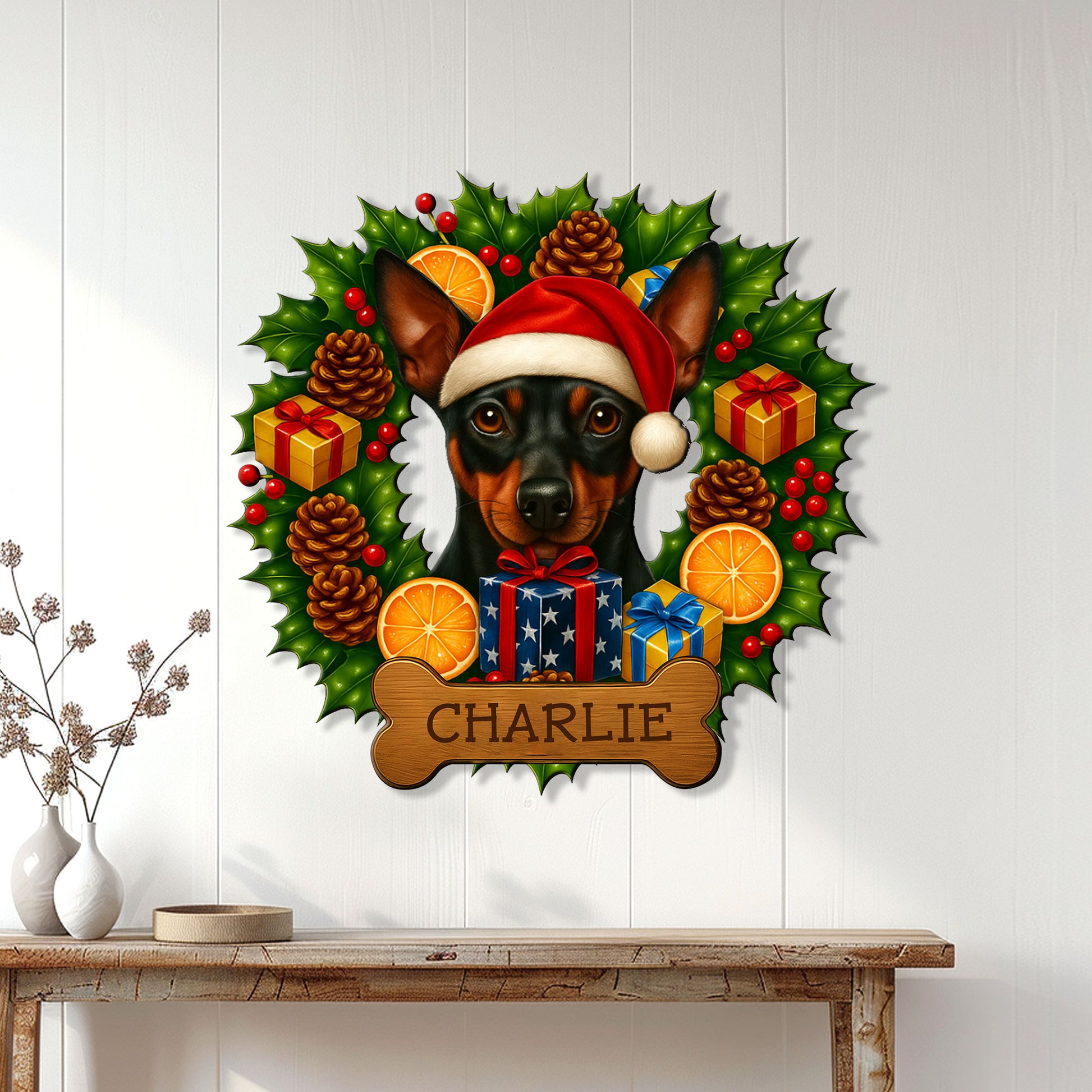 Miniature Pinscher holiday metal sign displayed on a bright paneled wall above a console table