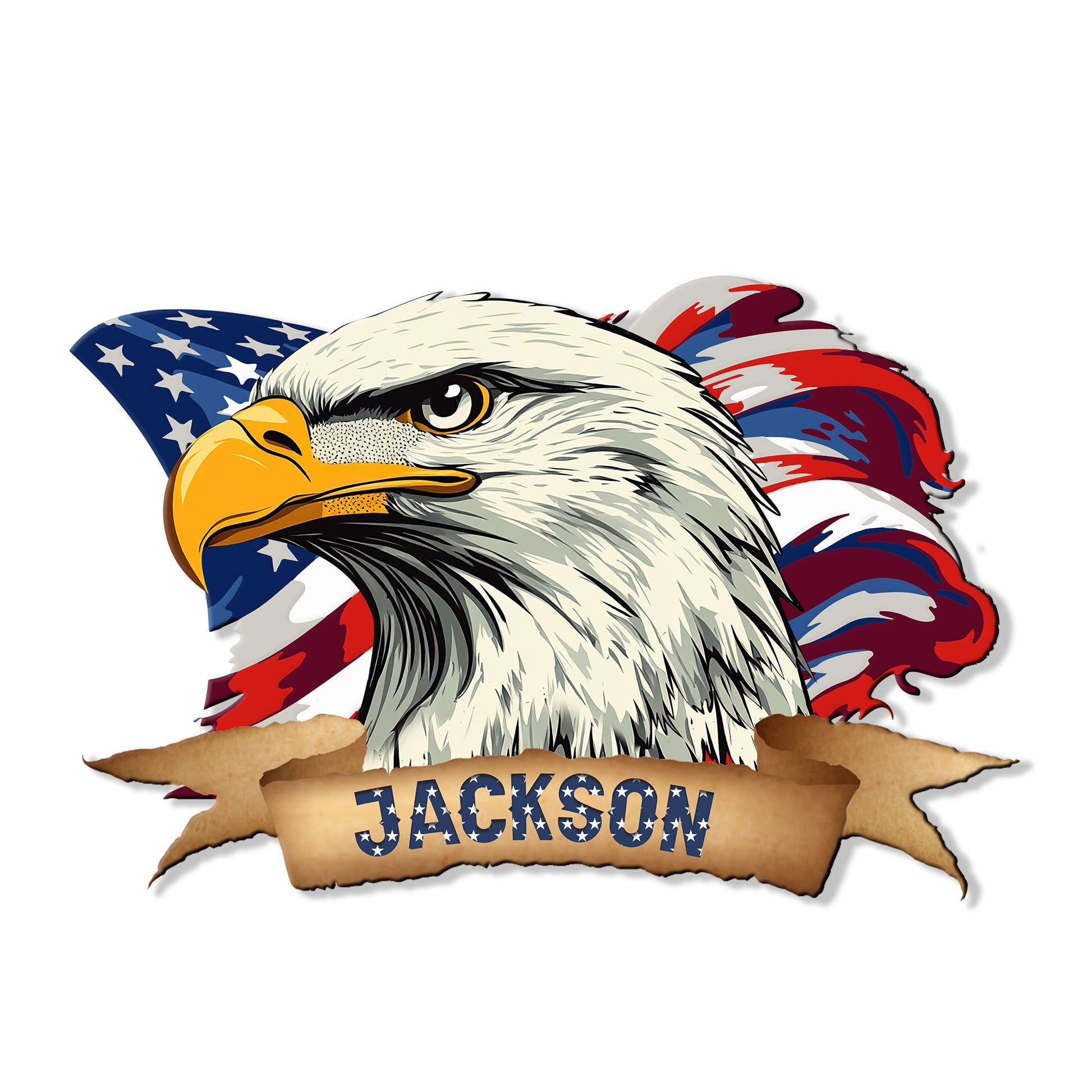 Patriotic bald eagle metal sign featuring an American flag backdrop and bold vintage-inspired artwork