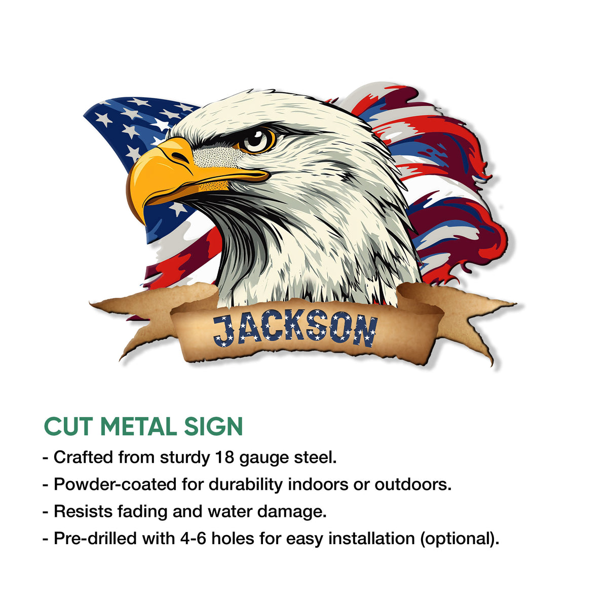 Patriotic eagle wall sign shown as a cut metal design with an American flag and bold graphic styling