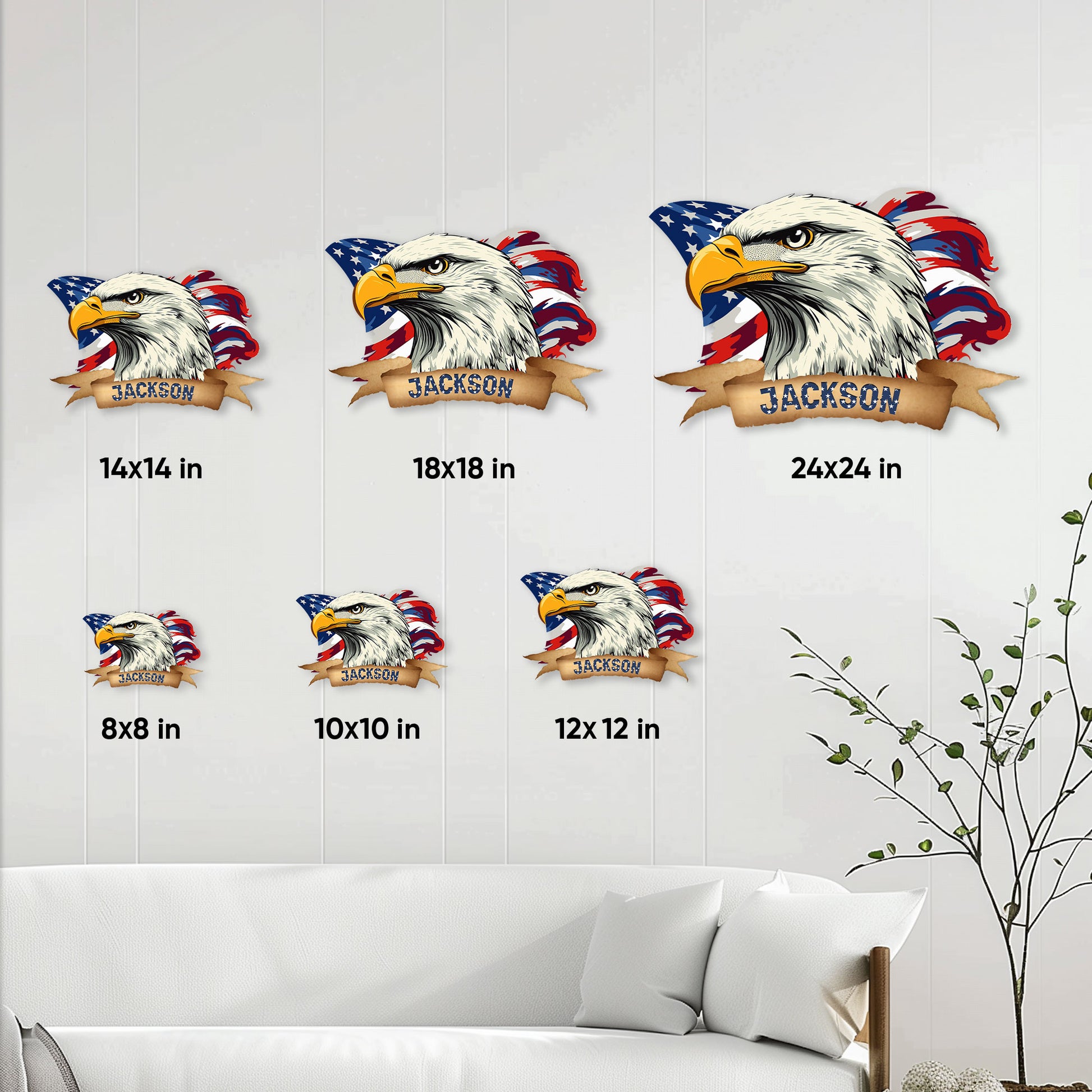 Patriotic eagle sign size guide showing available square sizes from 8 by 8 to 24 by 24 inches