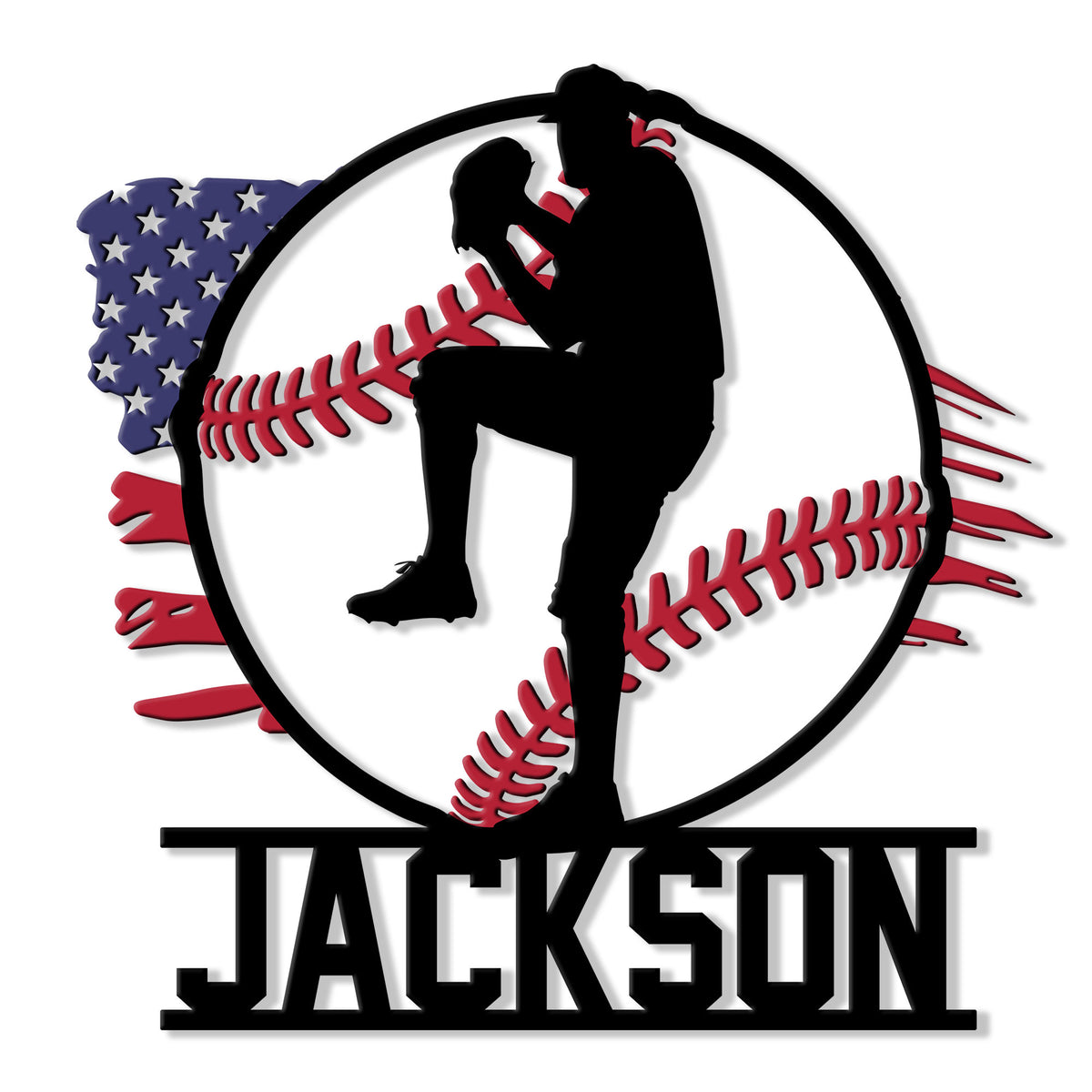 Custom baseball metal sign featuring a silhouetted player inside a baseball with patriotic red, white, and blue accents