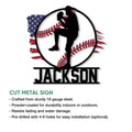 Baseball player silhouette metal sign shown with a cut-metal sign feature and installation information