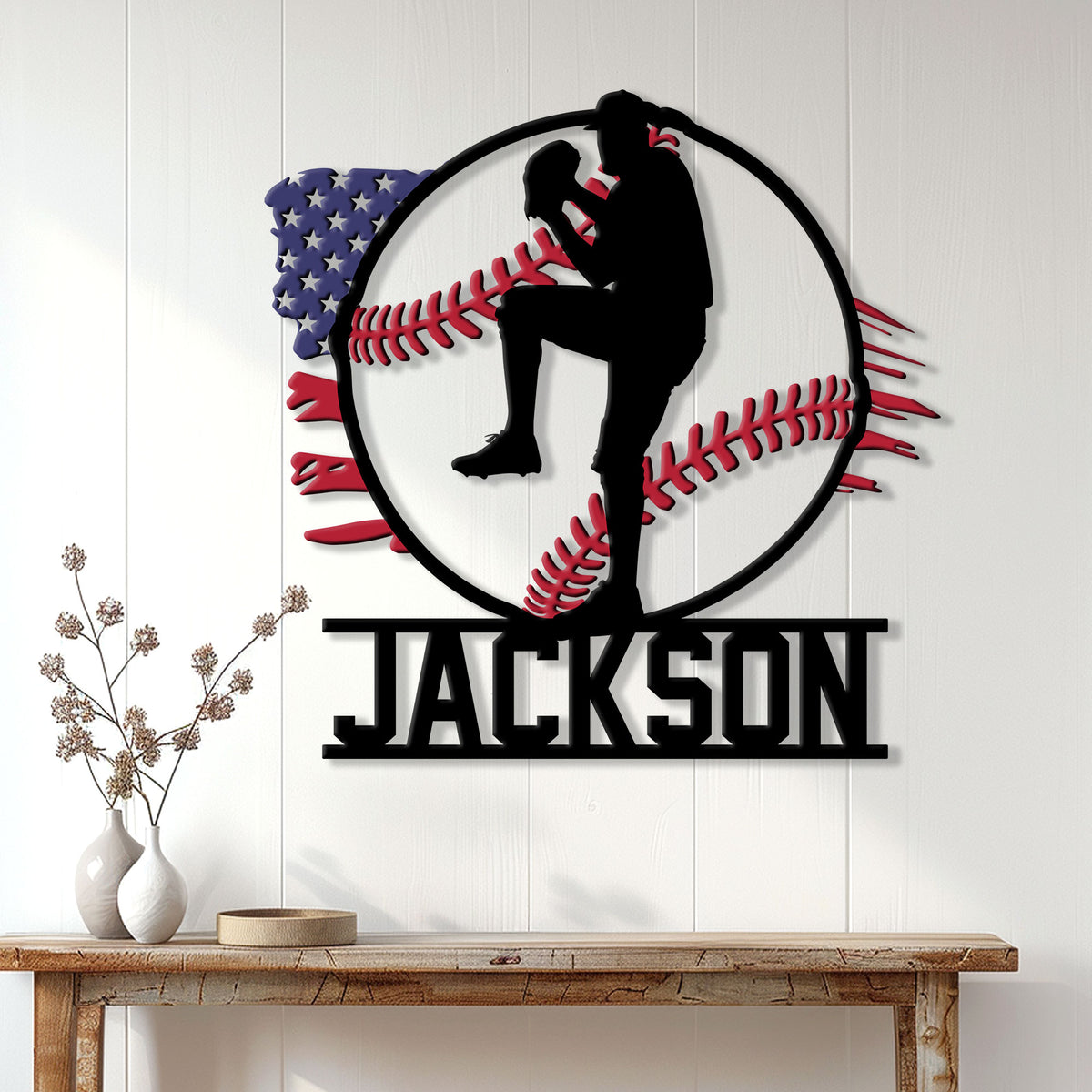 Baseball metal sign displayed as wall decor above a rustic console table in a bright home interior