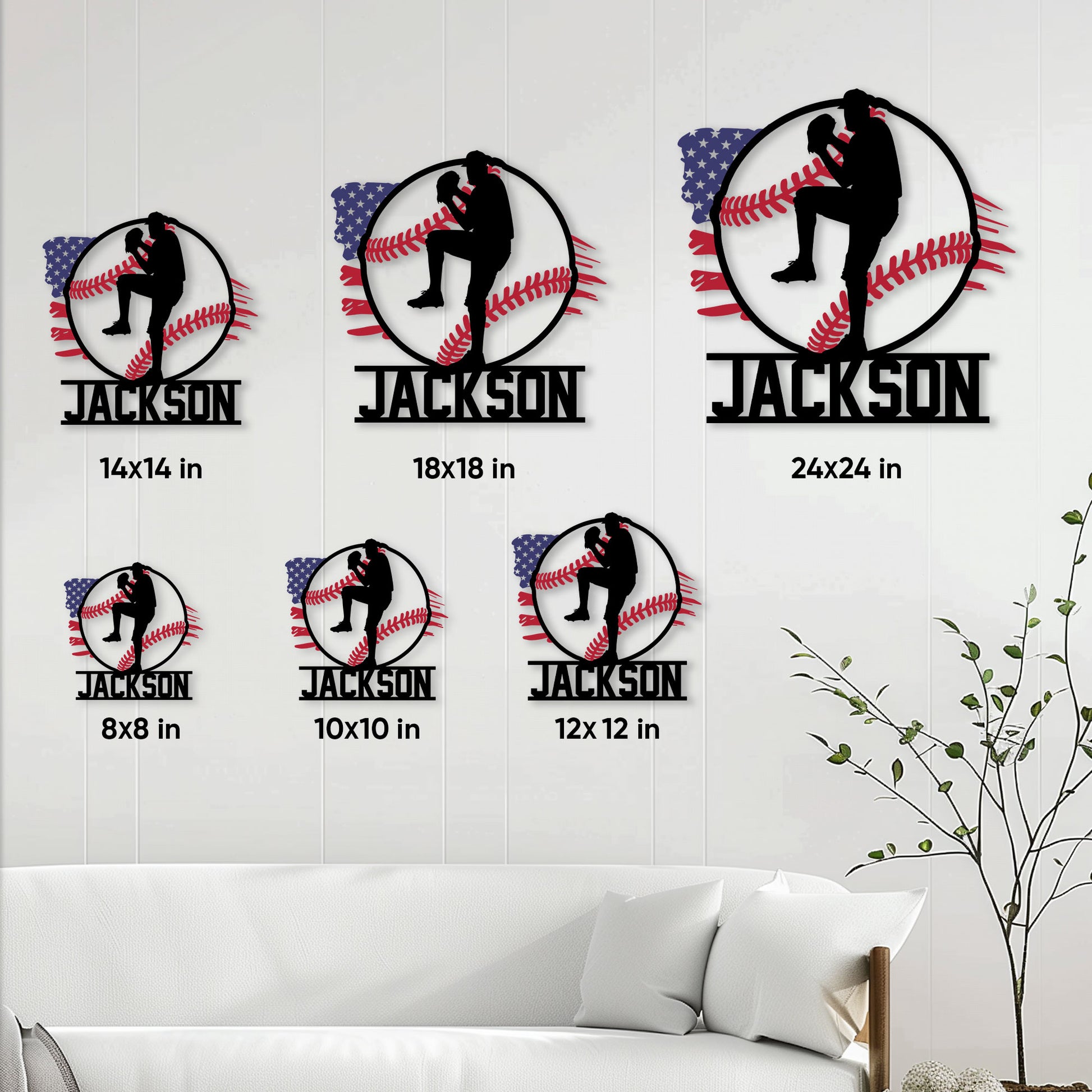 Baseball player metal sign displayed in multiple size options from 8 by 8 to 24 by 24 inches