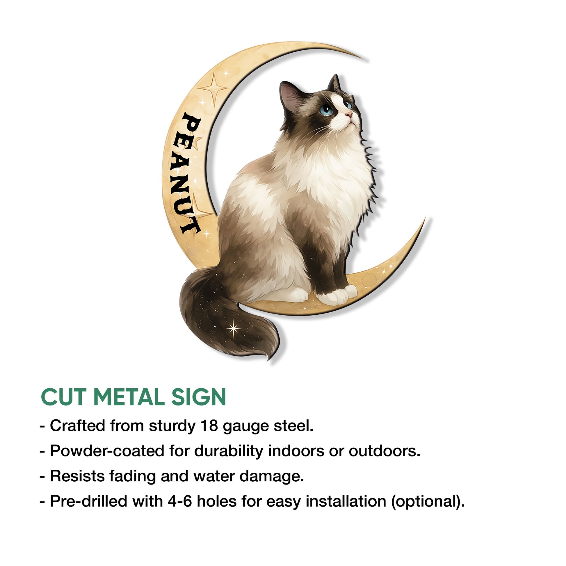 Ragdoll cat wall sign shown as a cut metal design with a fluffy long-haired cat and crescent moon