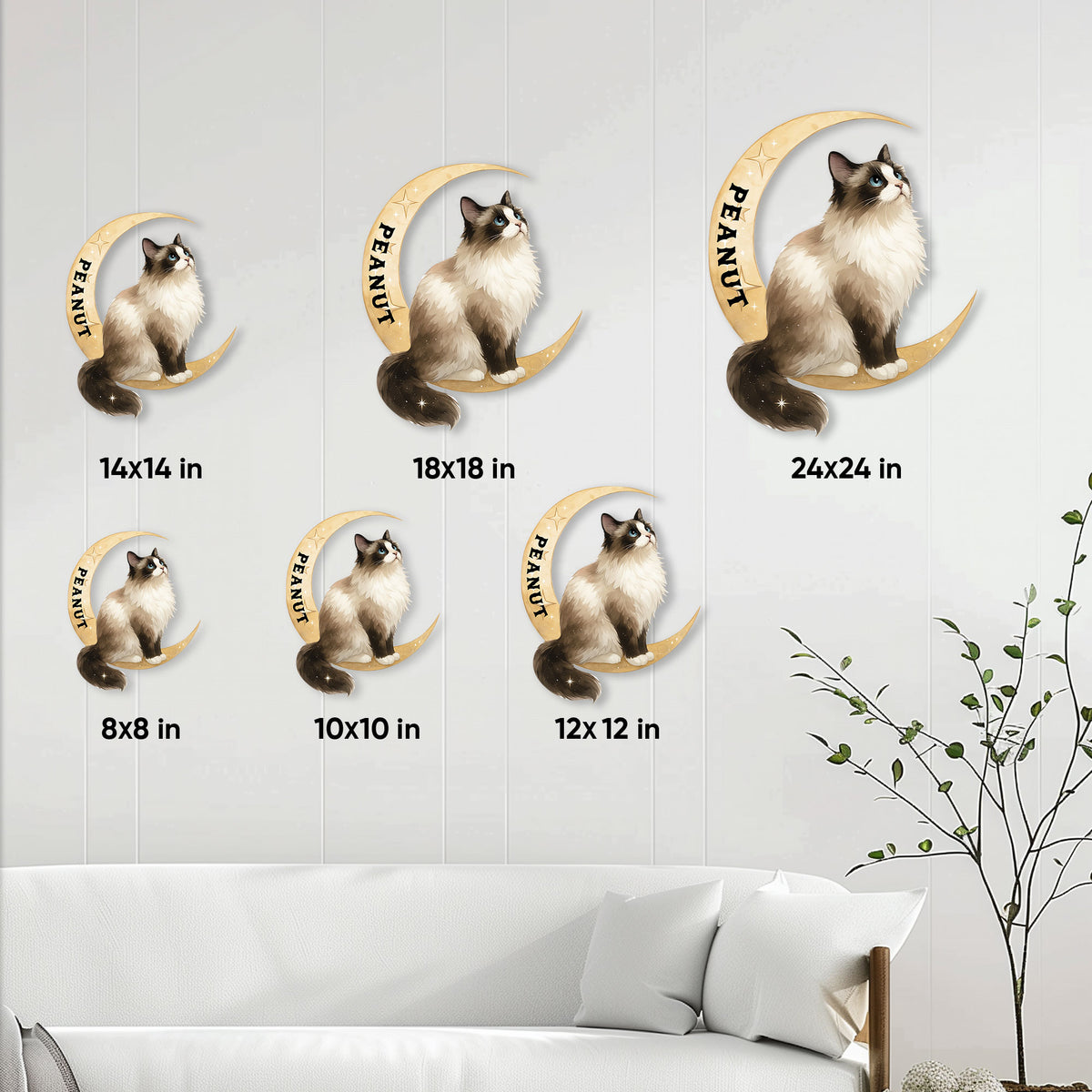 Ragdoll cat metal sign size guide showing available square sizes from 8 by 8 to 24 by 24 inches
