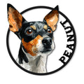 Custom Rat Terrier metal sign featuring a detailed tricolor dog portrait in a bold circular design