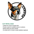 Rat Terrier metal sign shown with a close view of the colorful dog portrait and cutout circular frame