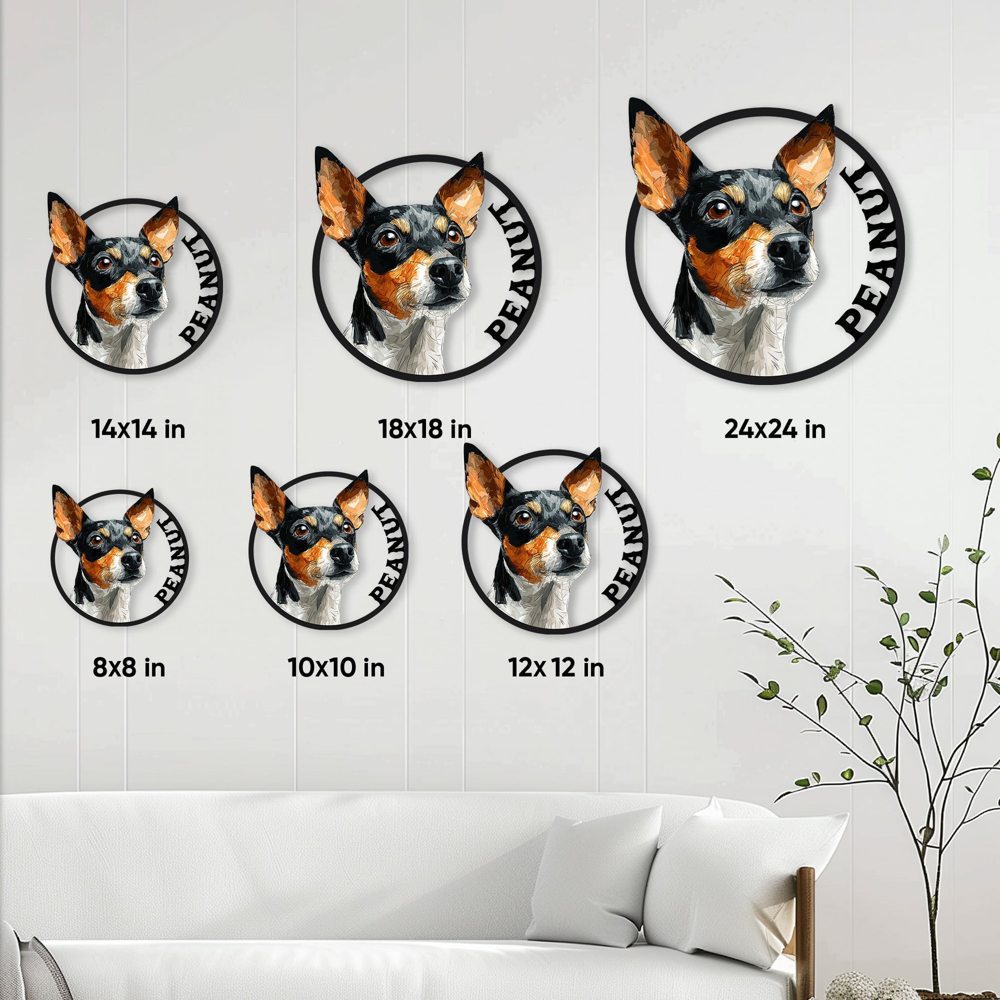 Rat Terrier metal sign size guide showing round designs in multiple available square dimensions