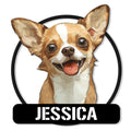 Custom Chihuahua metal sign featuring a cheerful tan-and-white dog portrait in a bold circular frame