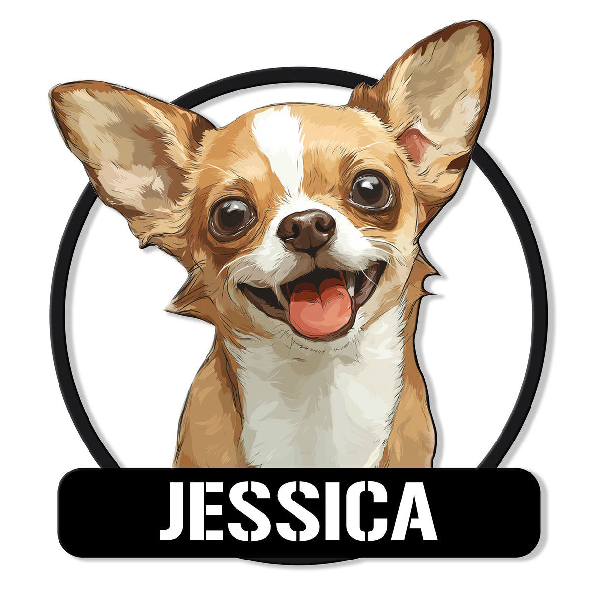 Custom Chihuahua metal sign featuring a cheerful tan-and-white dog portrait in a bold circular frame