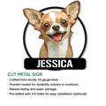 Chihuahua metal sign feature graphic showing the cutout dog portrait design and display options