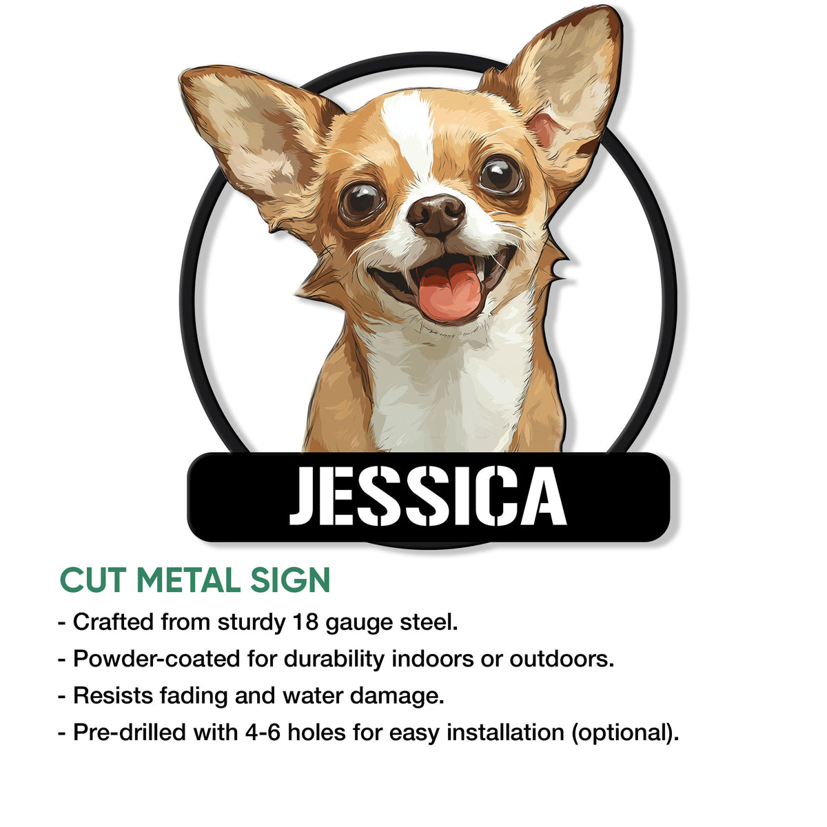 Chihuahua metal sign feature graphic showing the cutout dog portrait design and display options