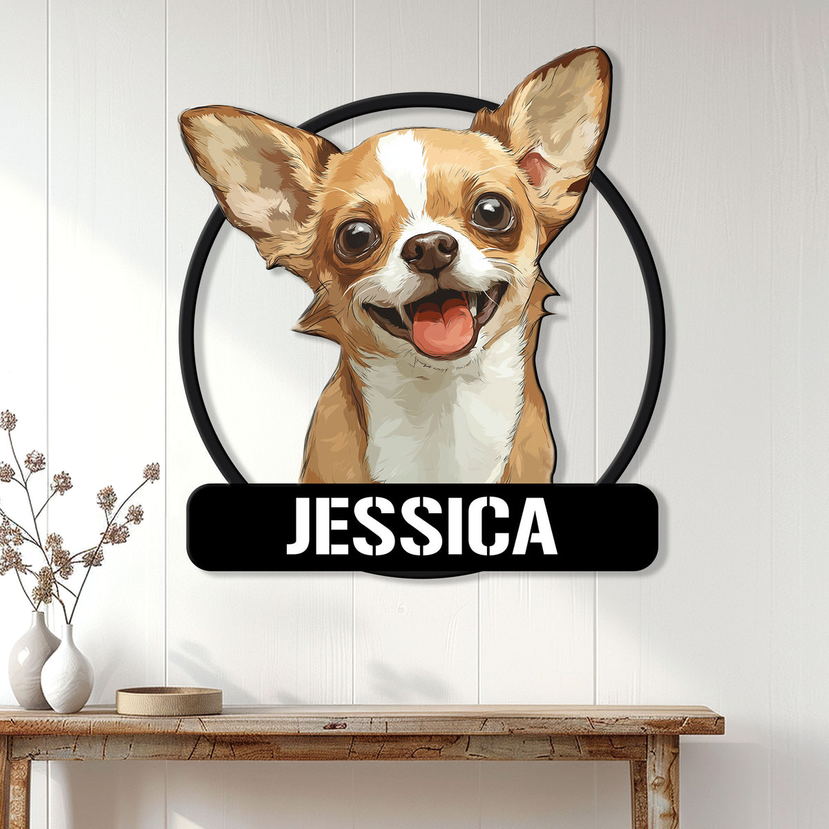 Chihuahua wall sign displayed above a console table in a bright home entryway