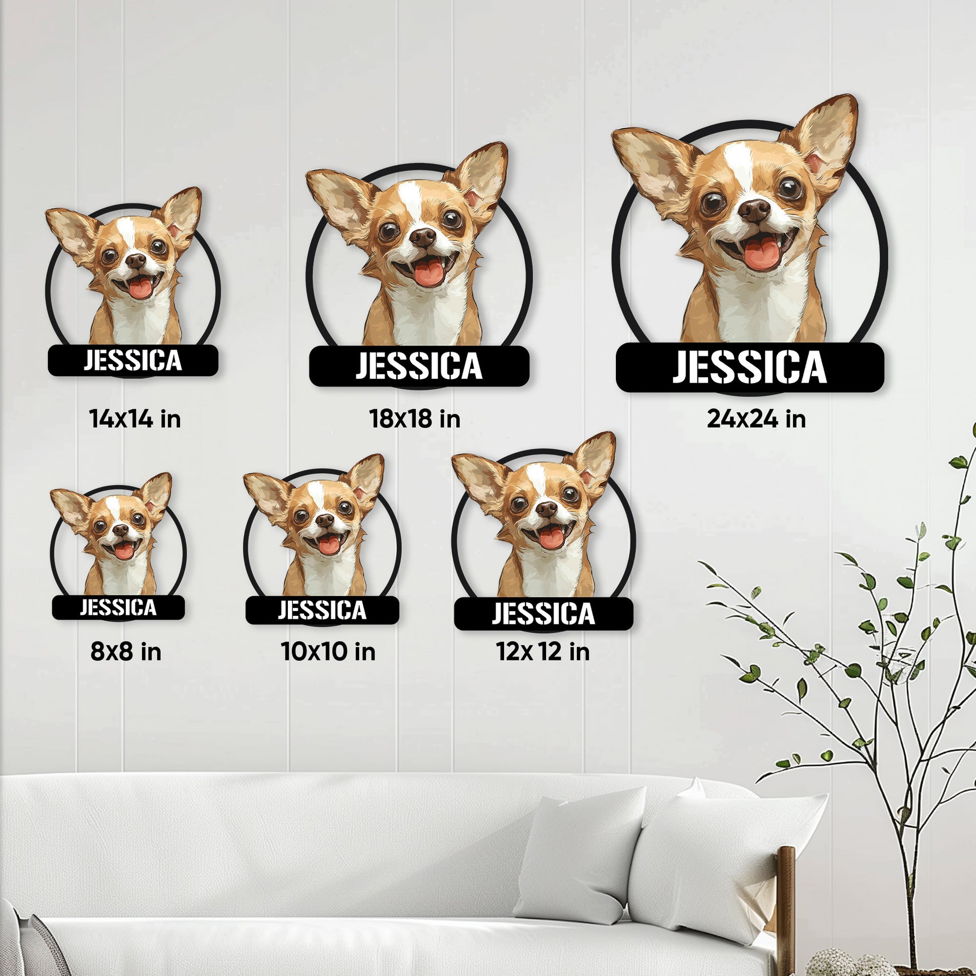 Chihuahua metal sign size guide showing six square size options from 8 by 8 to 24 by 24 inches