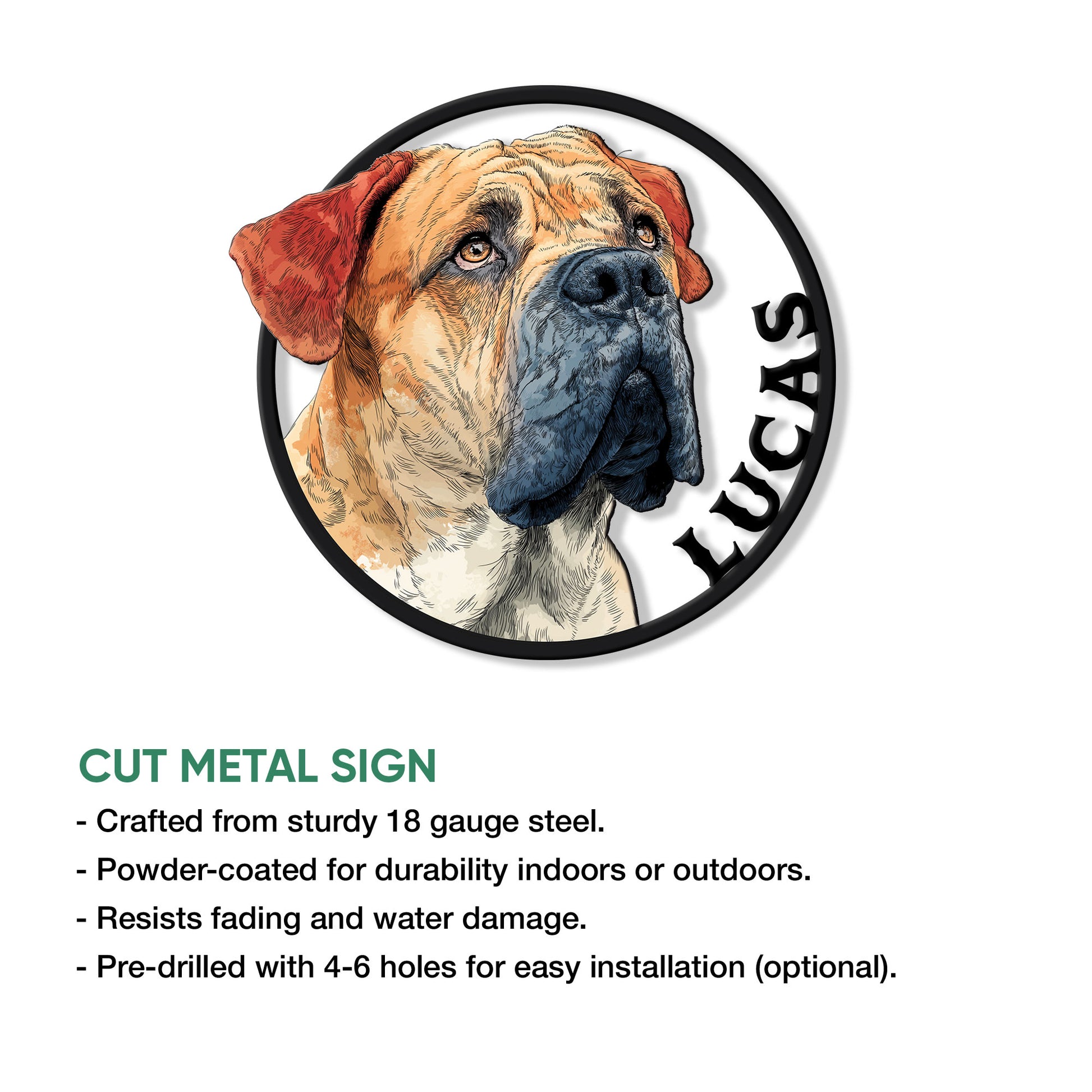 English Mastiff cut metal sign feature graphic showing a detailed dog portrait and circular wall design