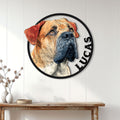 English Mastiff metal wall sign displayed on white paneling above a rustic console table