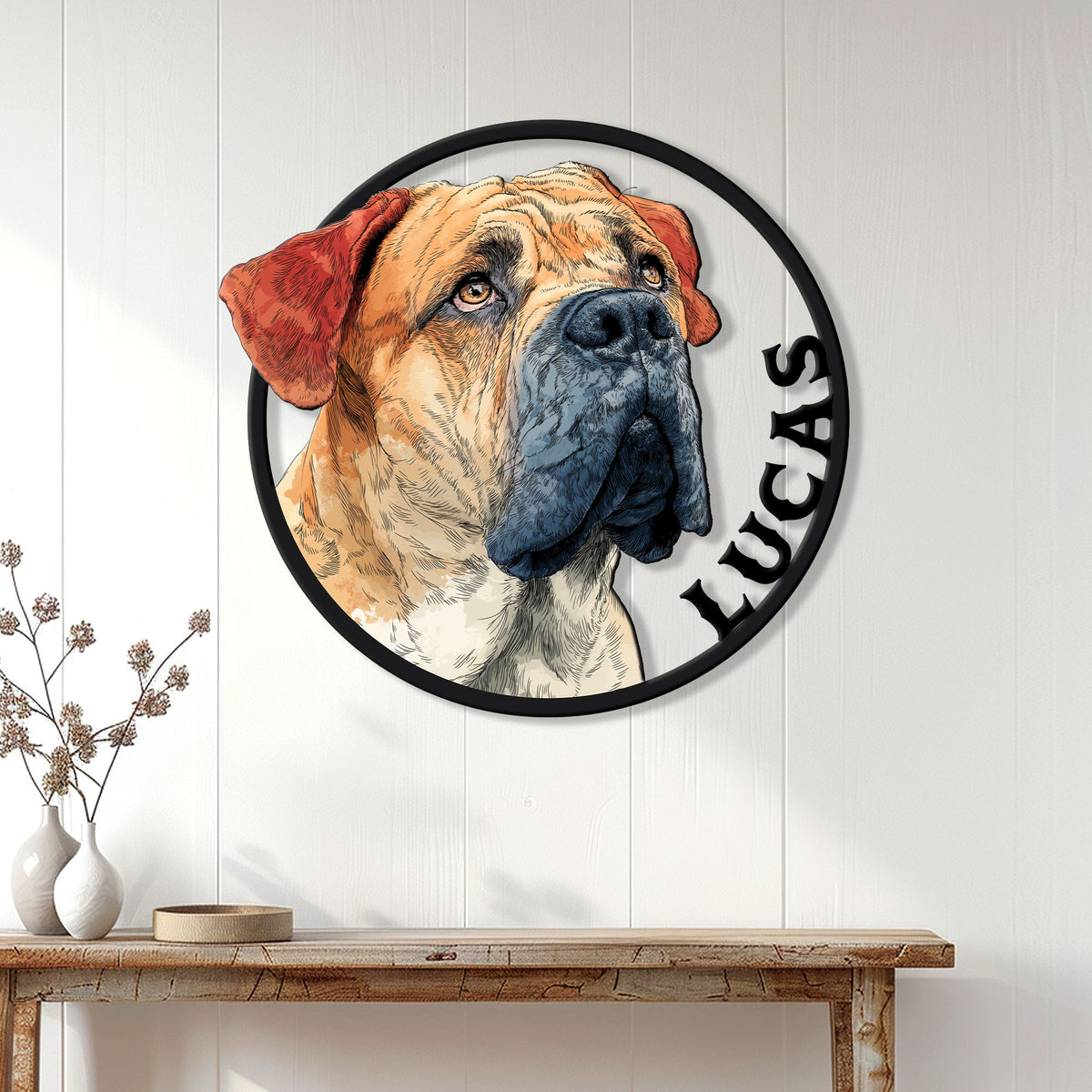 English Mastiff metal wall sign displayed on white paneling above a rustic console table