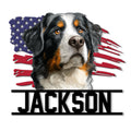 Bernese Mountain Dog metal sign featuring a detailed portrait over a distressed American flag design