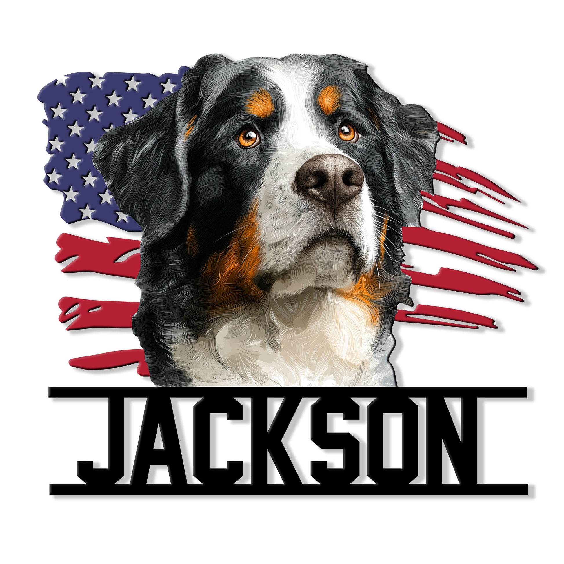 Bernese Mountain Dog metal sign featuring a detailed portrait over a distressed American flag design