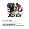 Bernese Mountain Dog metal sign product graphic showing patriotic flag artwork and sign features