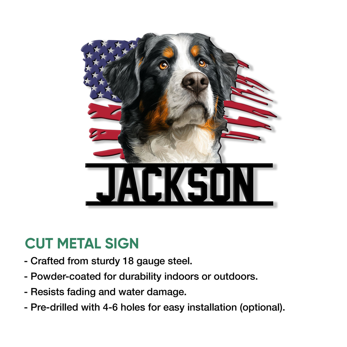 Bernese Mountain Dog metal sign product graphic showing patriotic flag artwork and sign features