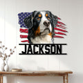Bernese Mountain Dog wall sign displayed on a white paneled wall above a wooden console