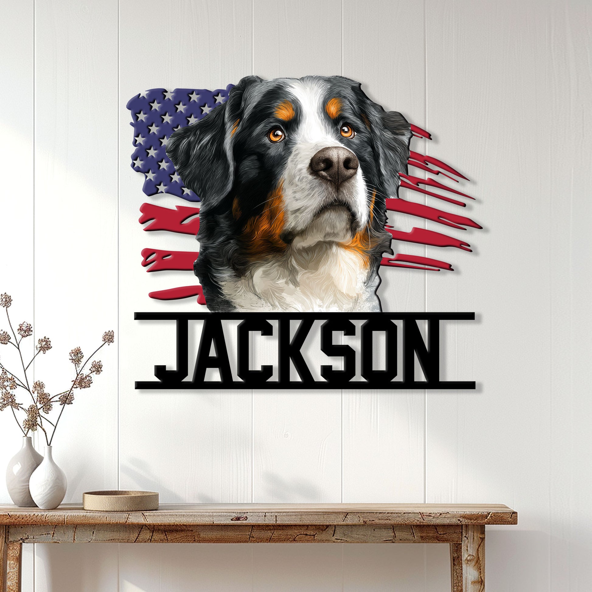Bernese Mountain Dog wall sign displayed on a white paneled wall above a wooden console