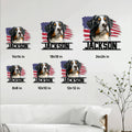 Bernese Mountain Dog metal sign size comparison showing multiple available dimensions in a living room