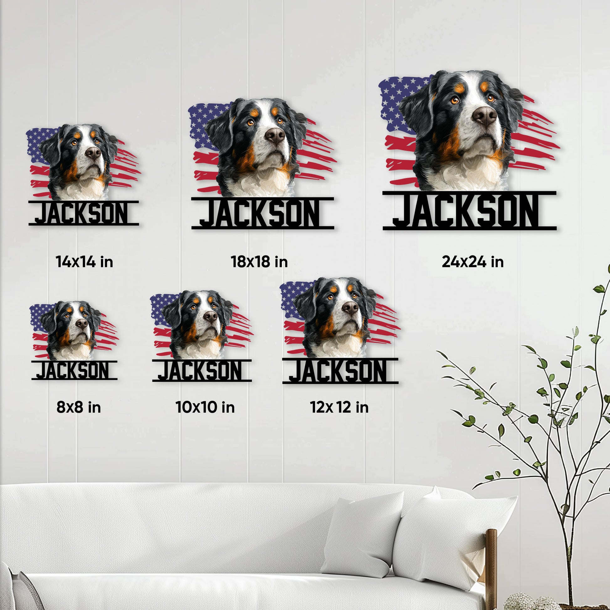 Bernese Mountain Dog metal sign size comparison showing multiple available dimensions in a living room