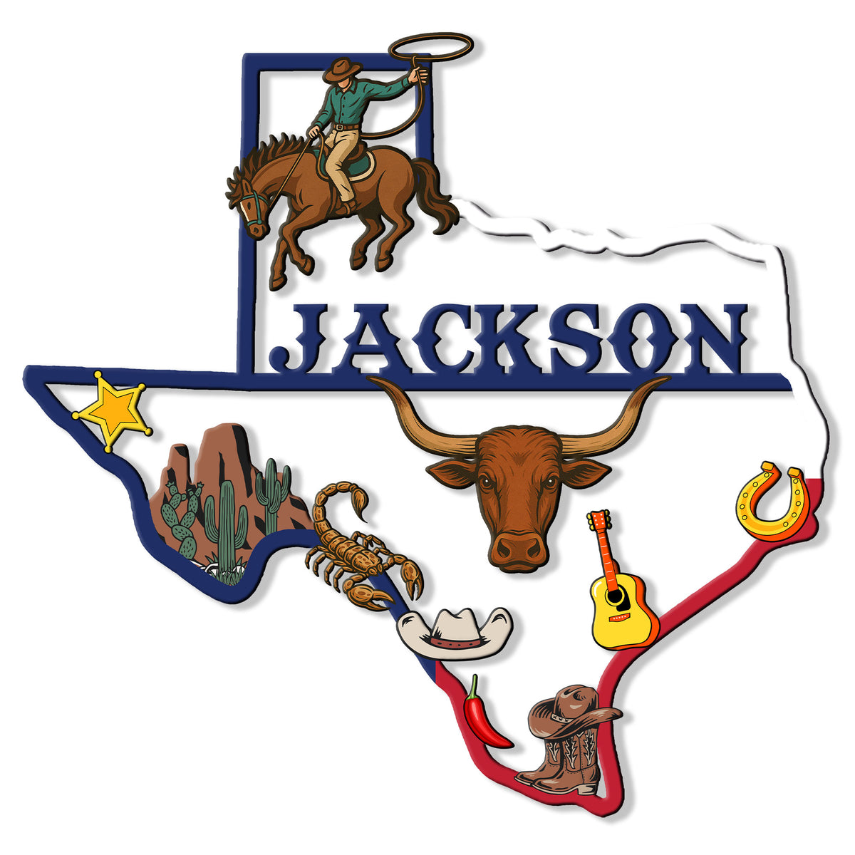 Custom Texas metal sign featuring a cowboy on horseback, longhorn, cactus, scorpion, guitar, boots, and horseshoe