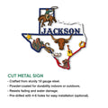 Texas-shaped cowboy metal sign showing a roping rider, longhorn, desert cactus, cowboy boots, guitar, and horseshoe