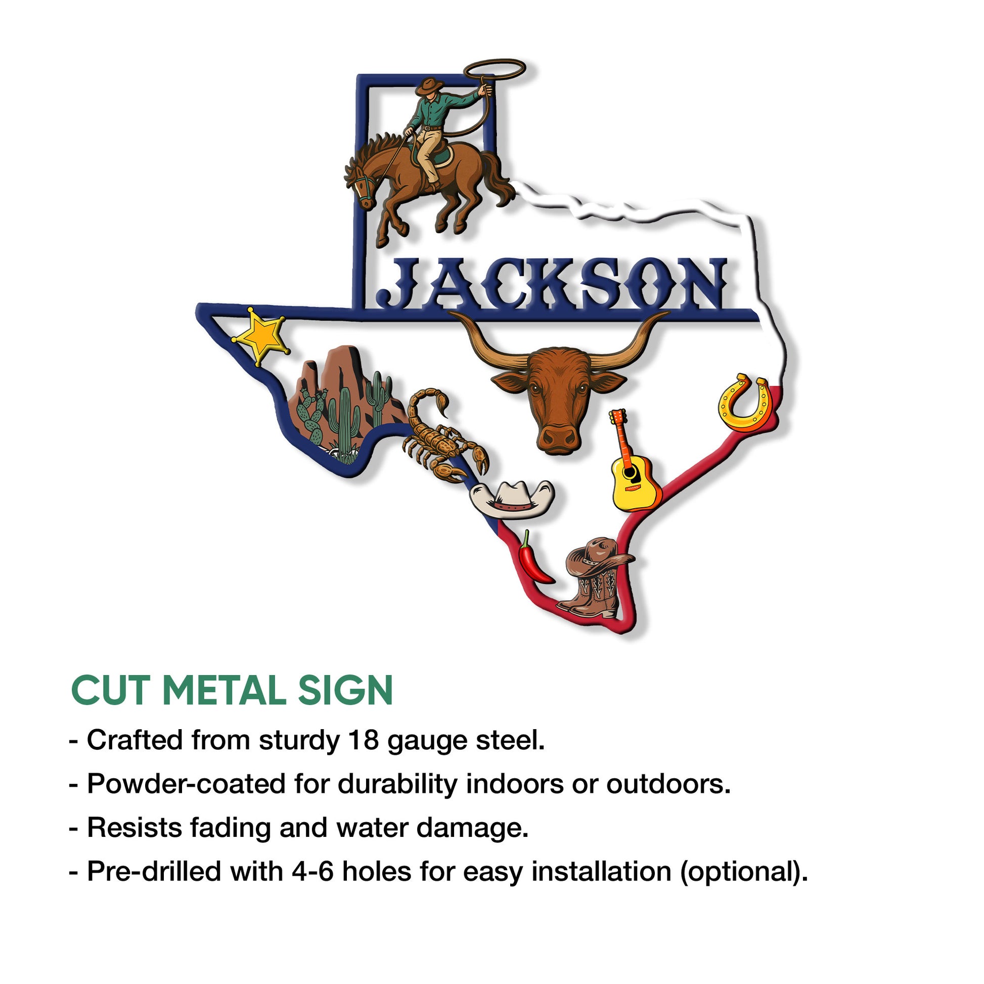 Texas-shaped cowboy metal sign showing a roping rider, longhorn, desert cactus, cowboy boots, guitar, and horseshoe