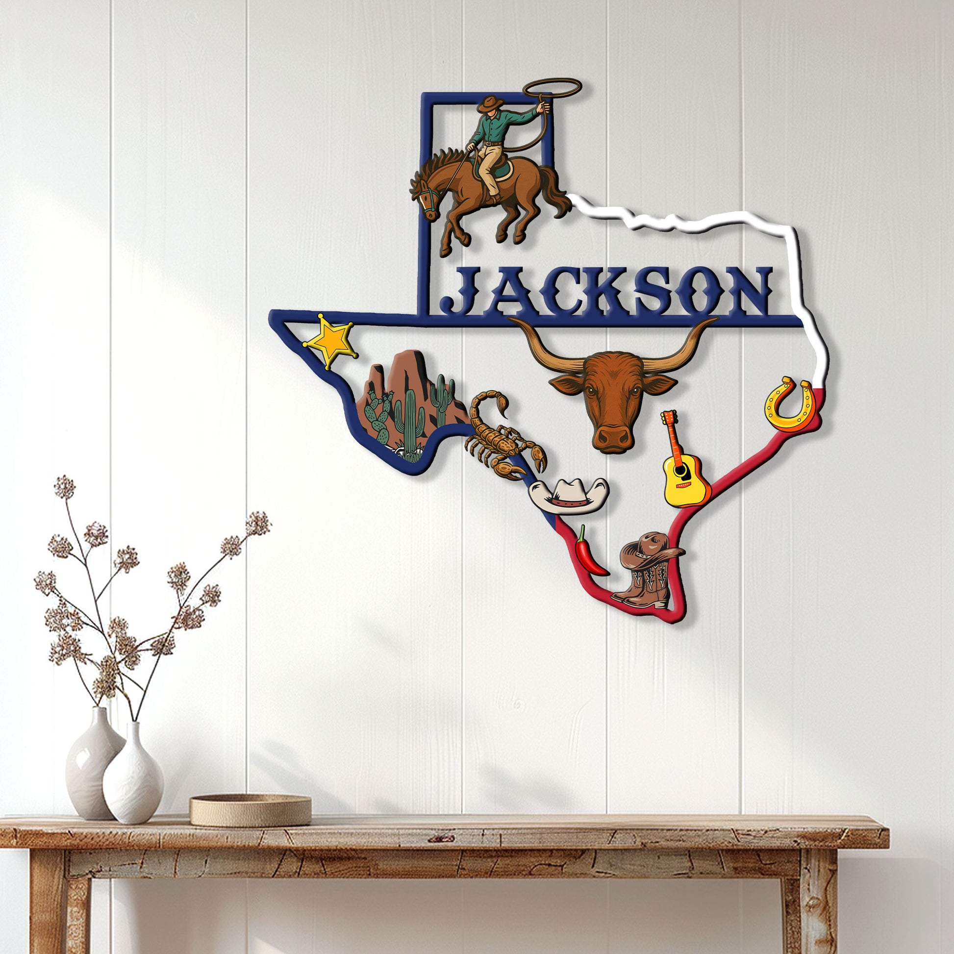 Texas cowboy metal wall sign displayed on a white wood-paneled wall above a rustic console table