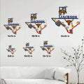 Texas-shaped cowboy metal sign shown in six size options from 8 by 8 inches to 24 by 24 inches