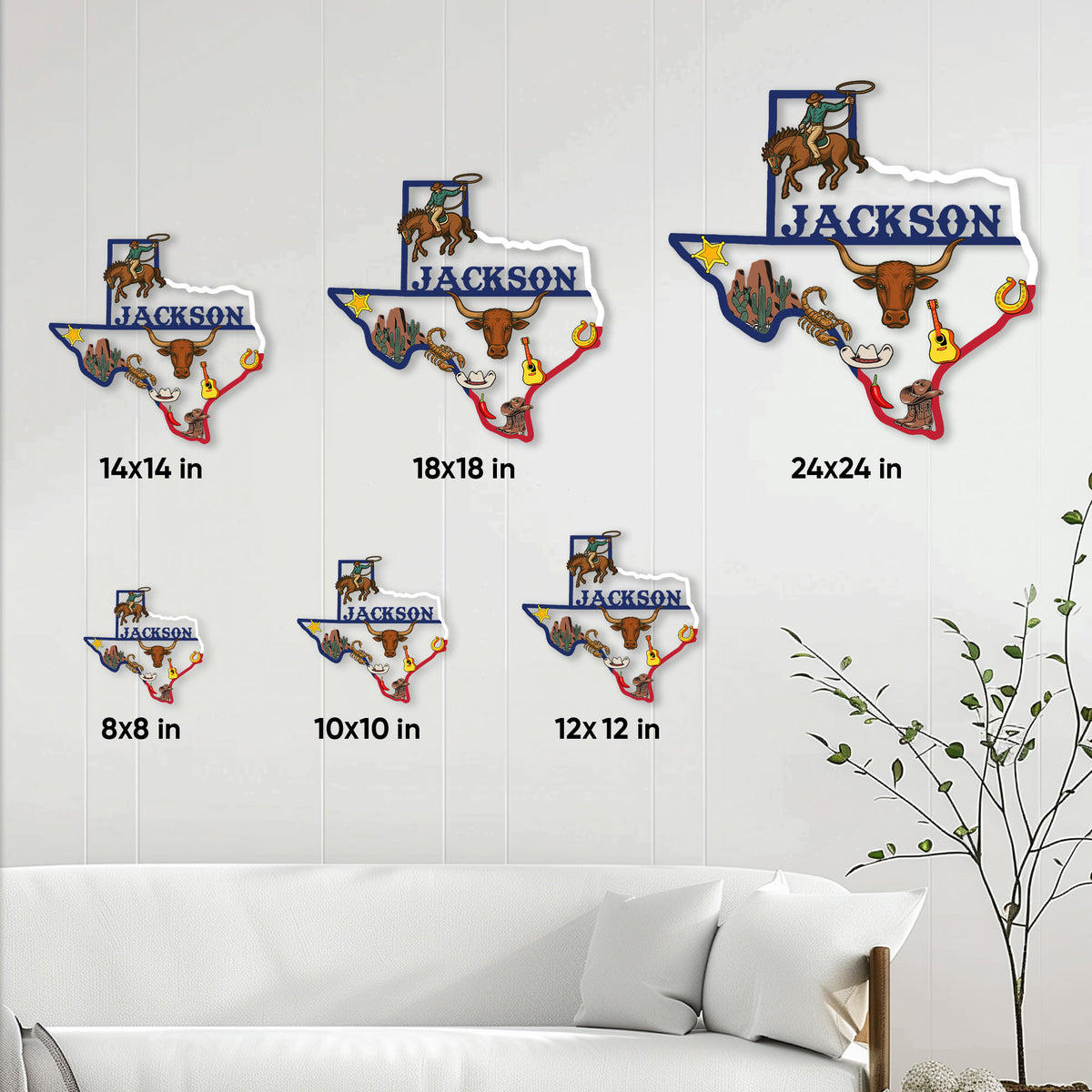 Texas-shaped cowboy metal sign shown in six size options from 8 by 8 inches to 24 by 24 inches