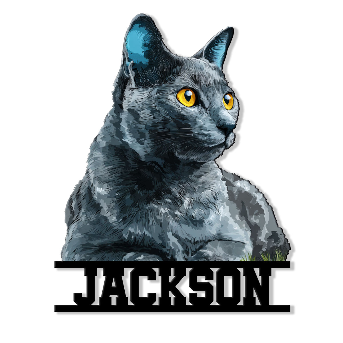 Detailed Russian Blue cat portrait metal sign with bright golden eyes and a bold cutout design