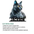 Russian Blue cat cut metal sign shown with a close view of its illustrated feline artwork