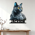 Russian Blue cat metal wall sign displayed on a light paneled wall above a console table