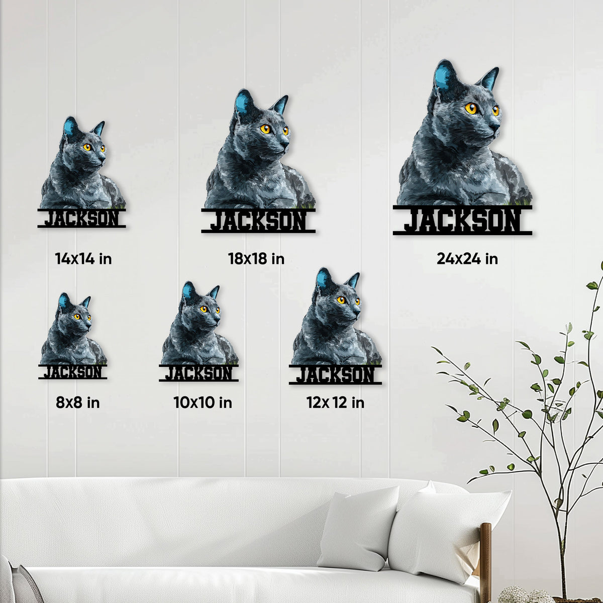 Russian Blue cat metal sign size guide showing available square dimensions from 8 by 8 to 24 by 24 inches