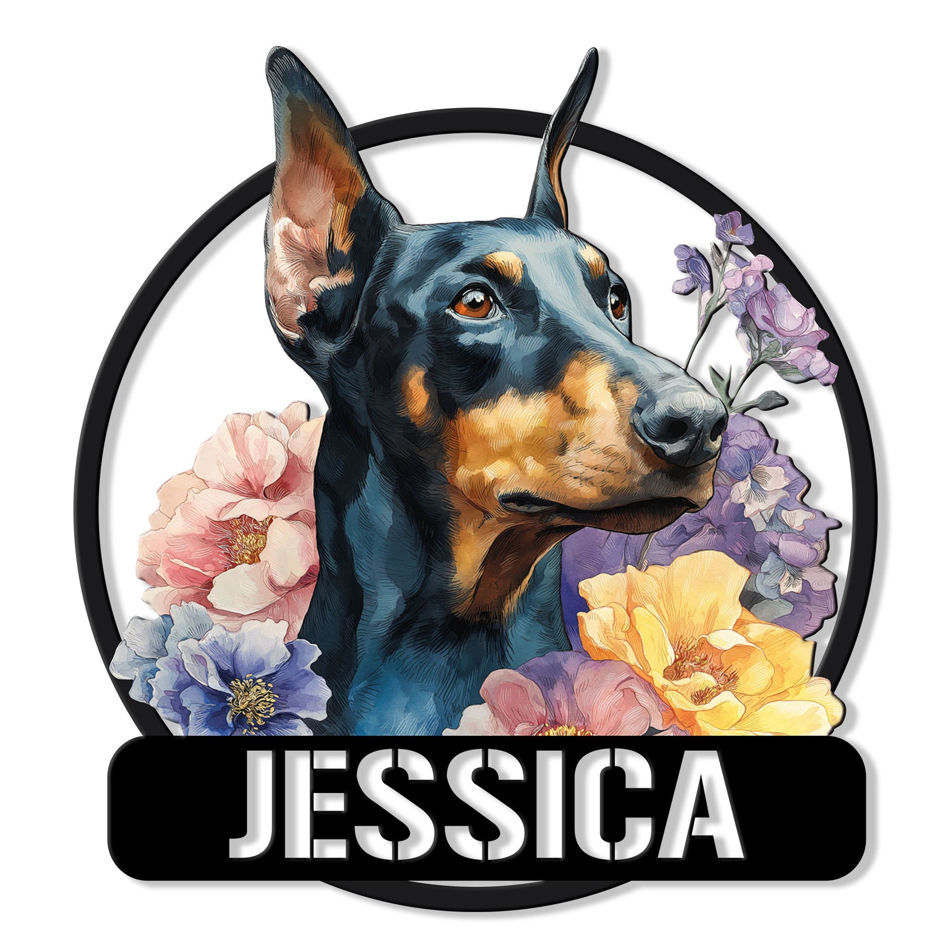 Floral Doberman portrait metal sign with a bold black circular frame and colorful flowers
