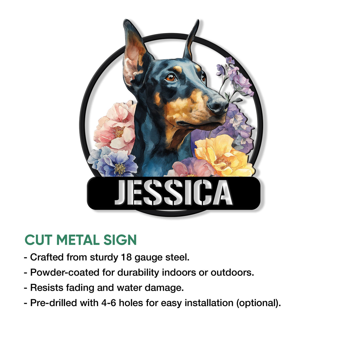 Doberman floral metal sign shown with a cut-metal sign feature overview