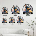 Doberman floral metal sign size guide showing multiple square size options in a living room