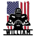 Custom American football metal sign featuring a helmeted player silhouette against a patriotic flag