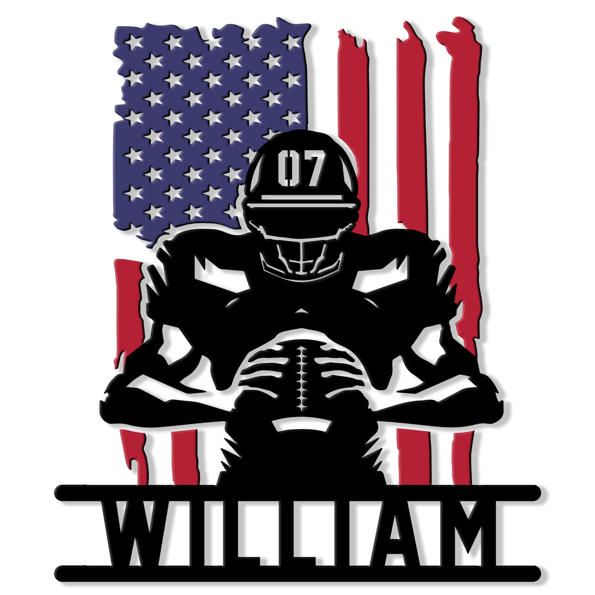 Custom American football metal sign featuring a helmeted player silhouette against a patriotic flag