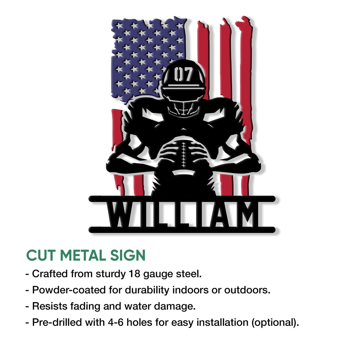 American football player metal sign shown with a patriotic flag design in a product feature layout