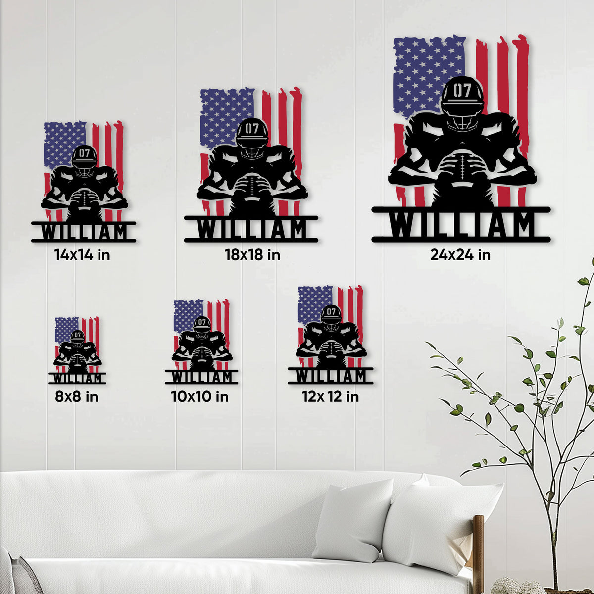 American football metal sign shown in multiple size options on a living room wall