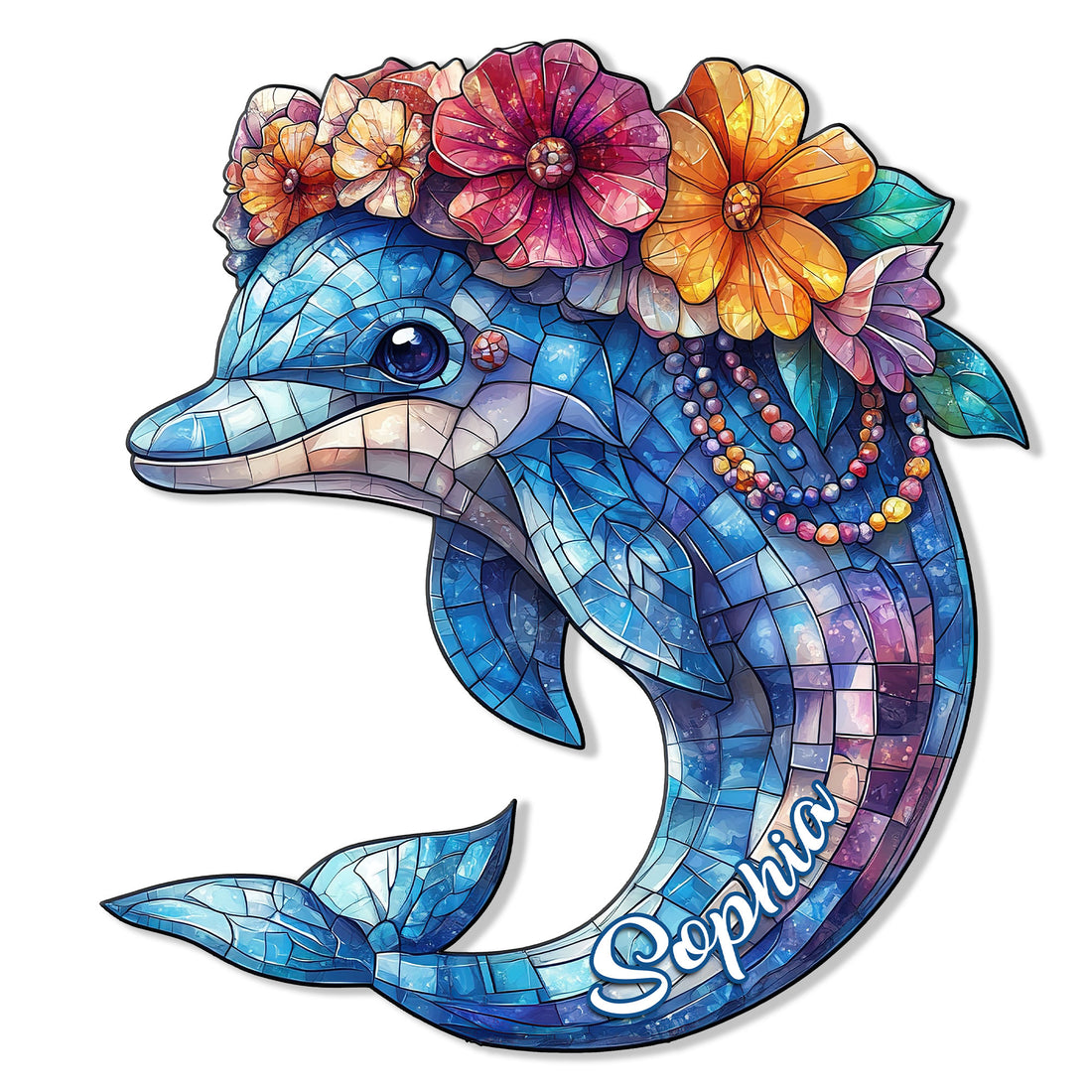Colorful floral dolphin metal sign with mosaic-style blue details and a decorative flower crown