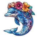 Colorful floral dolphin metal sign with mosaic-style blue details and a decorative flower crown